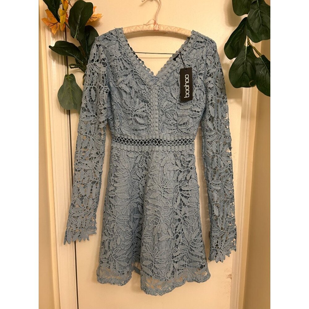 NWT Boohoo Women's Lace Crochet Long Sleeve Flare Dress Blue Sz 4 - Picture 9 of 16